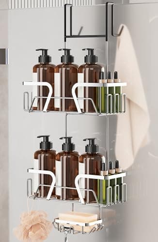 Image of Kegii Shower Caddy Hanging with Soap Holder - 2-Tier Hanging Shower Organiser Shower Shampoo Holder, Sturdy Silver Stainless Steel Storage for 38mm Frameless Glass Door