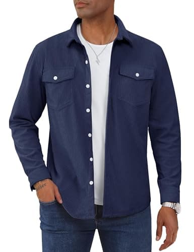 Image of TACVASEN Men Shirts Jacket Long Sleeve Corduroy Shirts Coat Button Down Casual Overshirt for Men Regular Fit with Chest Pockets Navy, S