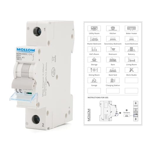 Image of MOLLOM DC 1 Pole Miniature Circuit Breaker, 250V 10Amps, C10 Scene Visualization Custom MCB Thermal Magnetic Trip, 6KA Breaking Capacity DC Disconnect Switch for Solar PV System