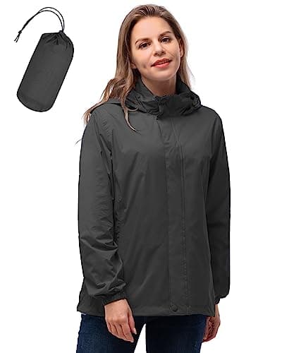Image of 33,000ft Women's Lightweight Rain Jackets Hooded Breathable Packable Running Raincoats Active Trench Windbreaker with Hideaway Hood for Cycling Hiking (Mid Grey-2XL/UK 18-20)
