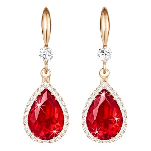 Image of Linawe Red Dangle Earrings for Women Rose Gold, Ruby Imitation Diamond Wedding Drop Earrings, Rhinestone Cubic Zirconia Crystal Earrings Set, Teardrop Birthstone Jewellery
