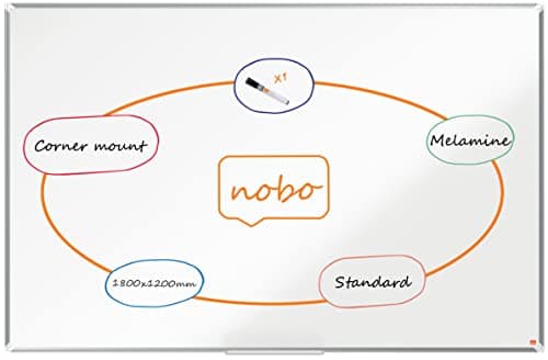 Image of Nobo Melamine Whiteboard, Non-Magnetic, 1800 x 1200mm, Aluminium Trim, Corner Wall Mounting, Includes Whiteboard Pen, Premium Plus, 180 x 120cm, White, 1915171
