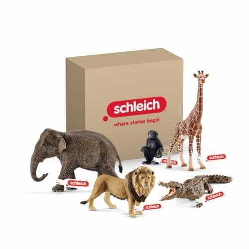 Image of Schleich Wild Life - 5PC African Animal Toy Playset with Lion, Elephant, Monkey, Alligator and Giraffe Figurines - Safari Animal Toys for Boys and Girls - Figures for Toddlers and Kids Ages 3+ | 72286