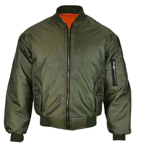 Image of MA1 Bomber Jacket Mens Reversible Pilot Flight Coat Padded Military Air Force Lightweight Retro Biker Outerwear Brass Zip Utility Sleeve Pocket Orange Lining Green XL