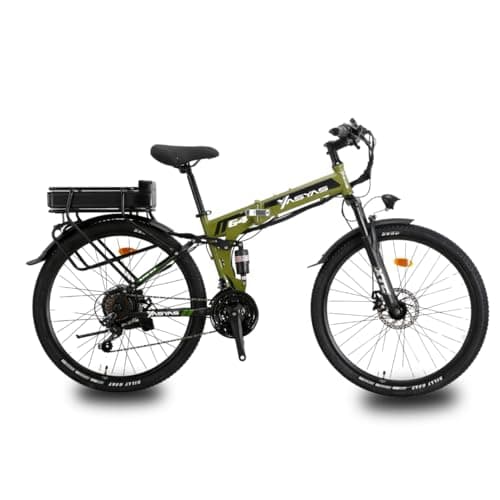 Image of yasyas Folding Mountain Bike, 26-Inch EMTB Style, 21 Speeds, Dual Disc Brakes, Lightweight Aluminium Frame, Army Green