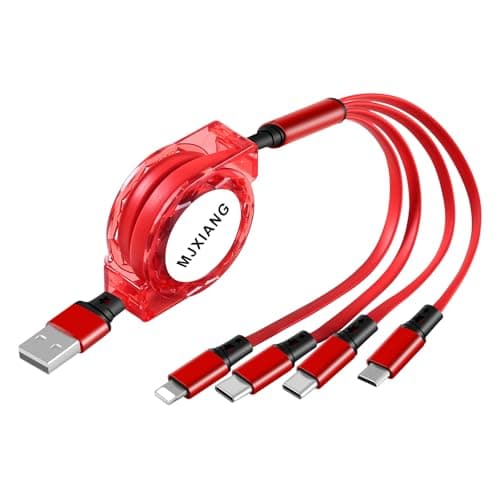 Image of MJXIANG Multi Charging Cable 4 in 1, 3A 1M Retractable USB Charger Cord with 2*Type C iP Micro USB Connectors, for Phone 17 16 15, Samsung Galaxy, LG, Sony, Honor View, Xiaomi, Moto, PS5, Oneplus