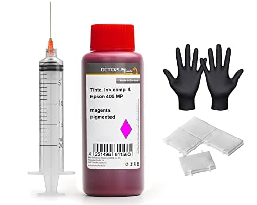 Image of Octopus Refill Ink Compatible with Epson 405 Ink Cartridges, WorkForce WF-3820, WF-4820, WF-7830 Magenta 250 ml with Syringe