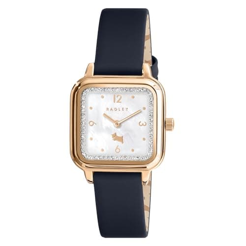 Image of RADLEY Womens Rose Gold Plated Mother of Pearl Dark Blue Leather Strap Square Analogue Quartz Watch