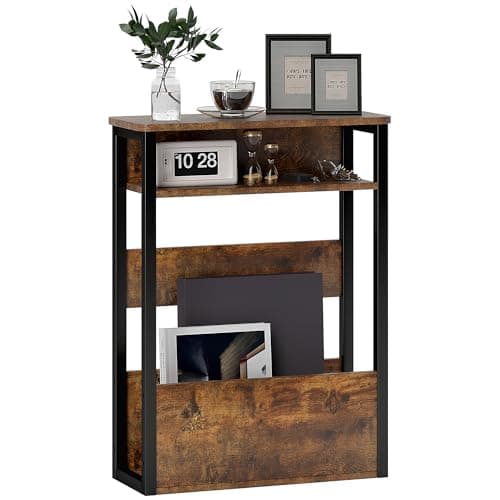 Image of HOMCOM Industrial Side Table, Narrow Bedside Table with 2 Storage Shelves and Metal Frame for Living Room, Bedroom, Rustic Brown