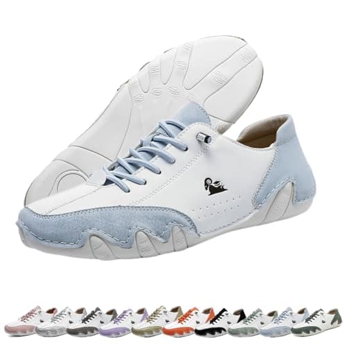 Image of Italian Handmade Low Beck Shoes for Men Women, Non-Slip Breathable Retro Color Blocked Fashion Sneakers Outdoor Lightweight Slip on Barefoot Casual Shoes for Hiking &Driving (Color : White+light blue