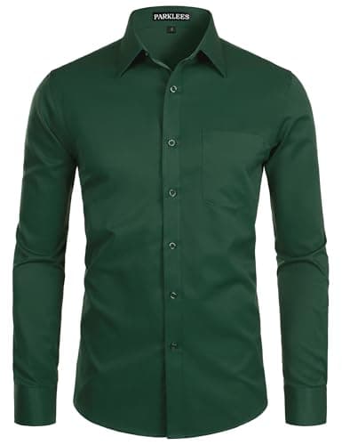 Image of PARKLEES Men's Long Sleeve Dress Shirt Solid Slim Fit Casual Business Formal Button Up Shirts with Pocket Green L
