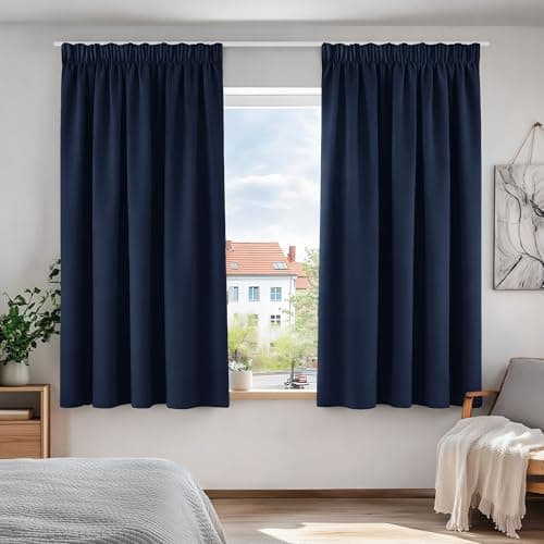 Image of Deconovo Window Treatment Pencil Pleat Curtains Super Soft Thermal Insulated Blackout Curtains 66 x 54 Inch Navy Blue 2 Panels