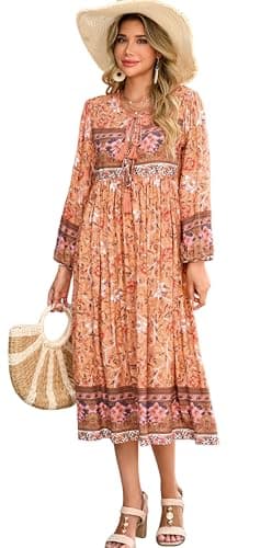 Image of R.Vivimos Women's Casual Bohemian Print Neck Tie Long Sleeve Beach Style Long Midi Dress Vacation Dress(Medium,Tangerine)