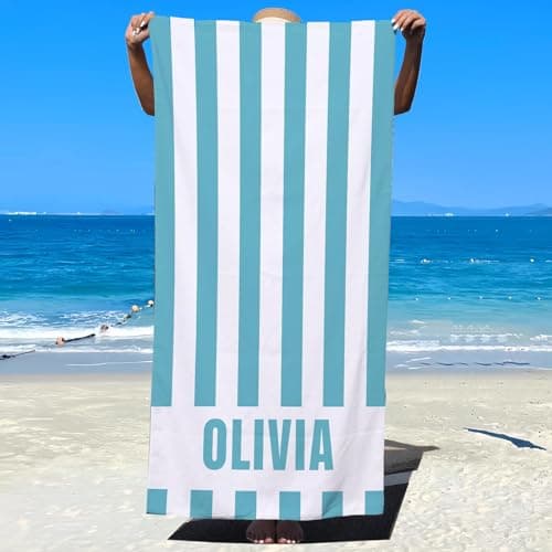 Image of CHARMMYFASHION Personalised Beach Towel with Text for Adults, Custom Microfibre Towel for Men Women Kids, Lightweight Quick Dry for Swimming, Sports