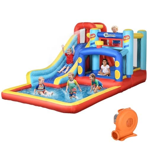 Image of Outsunny Bouncy Castle with Water Slide, 4 in 1 Trampoline Climbing Wall, Kids Inflatable Bounce House with Blower Storage Bag, for Kids Indoor, Outdoor, 4.35 x 2.45 x 2m