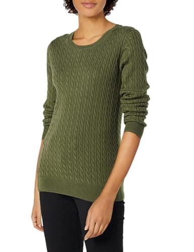 Image of Amazon Essentials Women's Lightweight Cable Knit Long-Sleeve Crewneck Jumper (Available in Plus Size), Dark Olive, XS