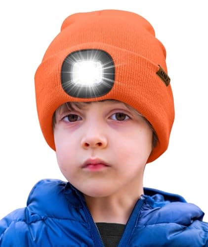 Image of ATNKE Kids LED Lighted Beanie Hat,USB Rechargeable 4 LED Running Headlamp Ultra Bright Cap with Light Hands Free Head Torch Winter Warm Knit Beany Great Gifts for Boys and Girls/Bright Orange