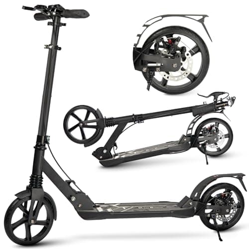 Image of Uluck Adult Kick Scooter, 200mm Big Wheels with Disc Brakes, Adult Scooter with Carry Strap and Double Shock Absorption, Foldable Scooters for Teenagers (black)