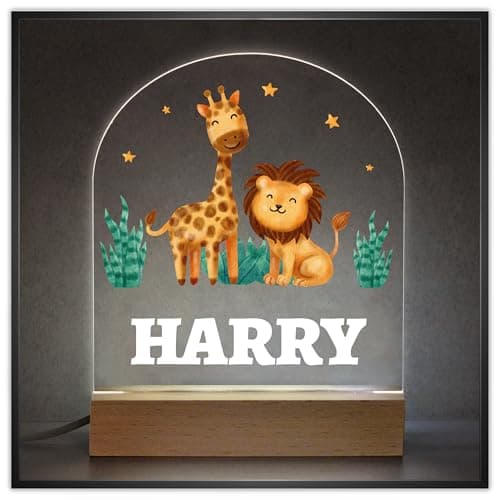 Image of Beecreative Jungle Animal Lion Giraffe Nursery Night Light With Name, Personalised Safari Theme Nursery Decoration, Baby Sleep Lamp
