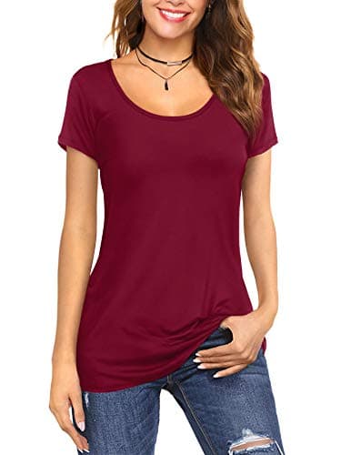 Image of Florboom Summer T-Shirt Women Short Sleeve Solid Color Casual Blouses Tops Burgundy Size 12 14