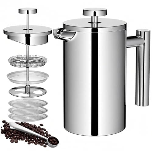 Image of Wrobic Cafetiere French Press Coffee Maker 600ml/20oz Double-Wall Insulated Stainless Steel, 3 Level Filtration System, French Press for Home, Camping and Office,(2 cup to 4 cup)