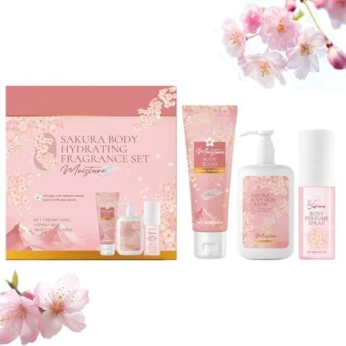 Image of Cherry Blossom Body Mist Gift Set, Spa Gifts for Women, Body Cream, Body Lotion, and Body Mist - Travel Toiletries - Spa Kit - Travel Essentials - Skin Care Sets & Kit, Soft cherry blossom floral scen