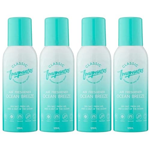 Image of Classic Fragrances 4 Pack Ocean Breeze - Sea Salt, Fresh Air & Ocean Aroma Air Freshener Spray - For Home & Vehicles – Long Lasting Smell, Portable Spray Can – Deodorise & Neutralise Odours – 125ml