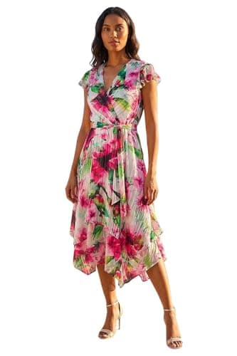 Image of Roman Frill Dress for Women UK Ladies Summer Wrap Chiffon Frill Hem Layered Belted Midi Maxi Tiered Cape Special Occasion Fit & Flare Wedding Guest Swing Skater