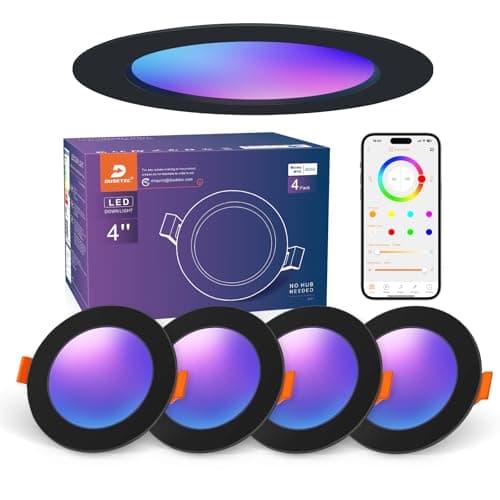 Image of DUSKTEC LED Downlights Ceiling RGB Alexa Dimmable Black, Smart Spot Lights Bluetooth Colour Changing, APP Controlled Spotlights Warm and Cool White,10W 240V Slim Recessed Ceiling Lights 4 Inch, 4 Pack