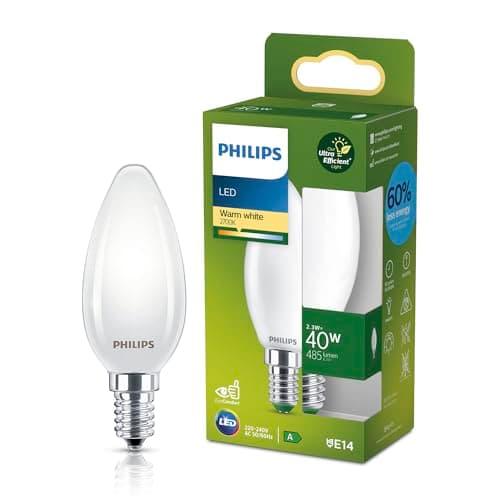 Image of Philips Classic Ultra-efficient LED Bulb with Energy Efficiency Class A, E14 Base, Replaces 40W, Frosted, Warm White Light, Candle Shape, Pack of 1