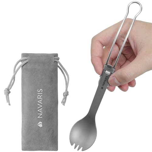 Image of Navaris Titanium & Stainless Steel Spork - Lightweight & Foldable Travel Cutlery - Compact Reusable Fork & Spoon with Locking Mechanism & Carry Bag - Sporks for Camping & Outdoors