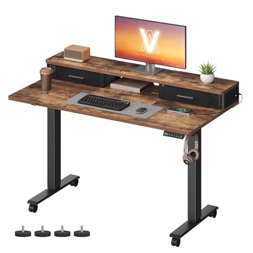 Image of VASAGLE Electric Standing Desk with Built-In Power Strip, 120 x 60 x (72-120) cm, Adjustable Height, Monitor Stand, 2 Hooks and Drawers, Memory Function, Rustic Brown LSD182KD03