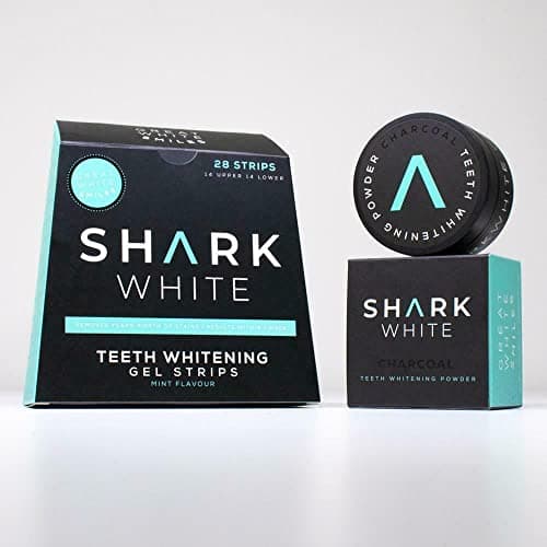 Image of Shark White Teeth Whitening Professional Home Kit 28 Gel Strips & Bamboo Activated Charcoal Powder - Fast Results & No Sensitivity, Love Your Smile with Our Teeth Whitening Gel Strips Charcoal Powder