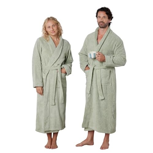 Image of DIP & DOZE Luxury 100% Organic Cotton Long Towelling Bath Robe | Luxurious 550gsm Dressing Gown Deep Pockets | Fairtrade Certified - Sage Green Small