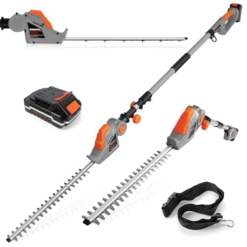 Image of Terratek Cordless Hedge Trimmer Long Reach 20V 1HR Fast Charge, 2.4m Telescopic Hedge Trimmer Cordless Hedge Cutter with 1x Battery, Shoulder Strap and Charger Included, Grey & Orange