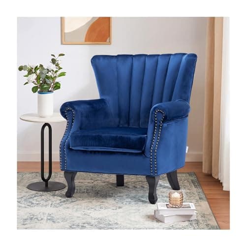 Image of INMOZATA Navy Blue Armchair High Fireside Chair Velvet Accent Tub Chair Load Maximum Weight 150kg Queen Anne Chair for Living Room Bedroom Dining Reception(Navy Blue)