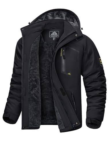 Image of KEFITEVD Warm Waterproof Ski Jacket for Men Thermal Fleece Jackets for Winter Sports Coat with Detachable Hood Black, S