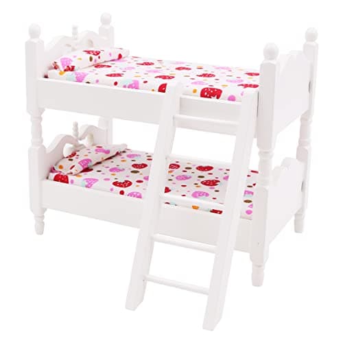 Image of WANGCL 1/12 Miniature Bunk Bed Wooden Dolls House Furniture - Strawberry Pattern, White