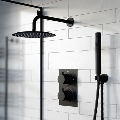Image of Nes Home Folke 2 Dial 2 Way Round Concealed Thermostatic Shower Mixer Valve, Shower Head, and Handset Matte Black
