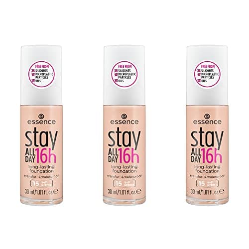 Image of essence stay ALL DAY 16h long-lasting foundation, make-up, smudge-proof, waterproof, 15 Soft Creme, nude, long-lasting, mattifying, matte, oil-free, waterproof, pack of 3 (3 x 30ml)