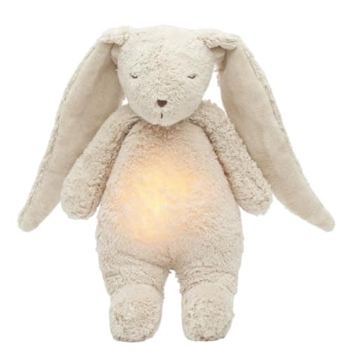 Image of Moonie 2.0 Organic Humming Bunny with Night Lamp – Sand | Soothing White & Pink Noise Sleep Aid for Babies | Voice Recording | Rechargeable, GOTS Certified Cotton | Calming Plush for Newborn & Toddler
