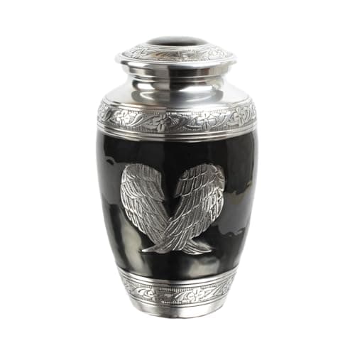 Image of Cremation Urn for Human Ashes – Black Aluminium Angel Wing Design – Elegant Funeral Container and Memorial Vessel Holds Remains up to 90kg or 14 Stone (Black)