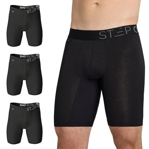Image of STEP ONE 3-Pack Boxer Briefs Sport. Longer Length Mens Boxers Shorts with 3D Pouch, Anti Chafing Underwear Mens, Breathable Bamboo, All-Day Comfort for Sports & Fitness Black Medium