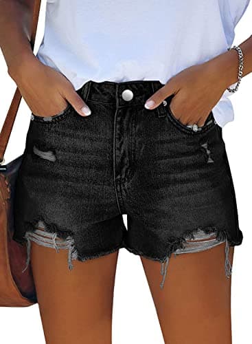 Image of KISSMODA Women's High Waisted Ripped Denim Shorts - Black, Size 16-18