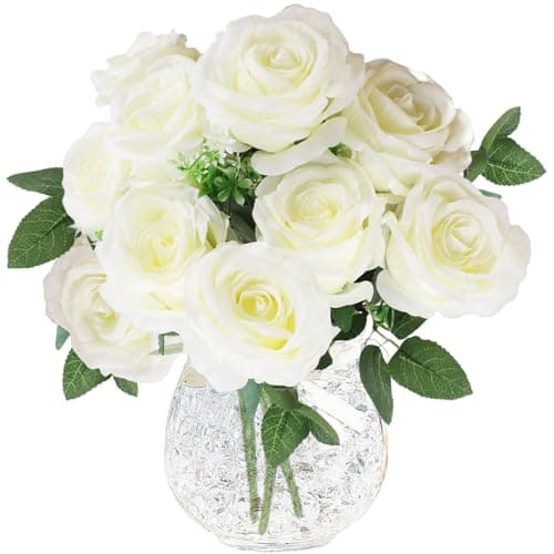 Image of astylishome Decorative Artificial Flowers White Fake Roses 10 Pcs Faux Rose Flower Craft Accessories with Stems for Home Wedding Hotel Office Centerpiece Decor 1208