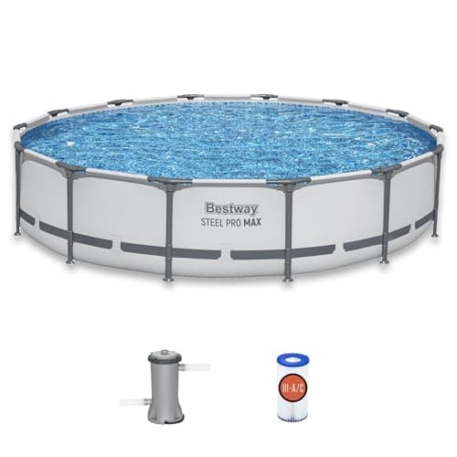 Image of Bestway Steel Pro MAX 14' x 33" Round Above Ground Swimming Pool Set, 530 GPH Filter Pump, Tritech Puncture Resistant Liner, ClickConnect Steel Frame, Gray