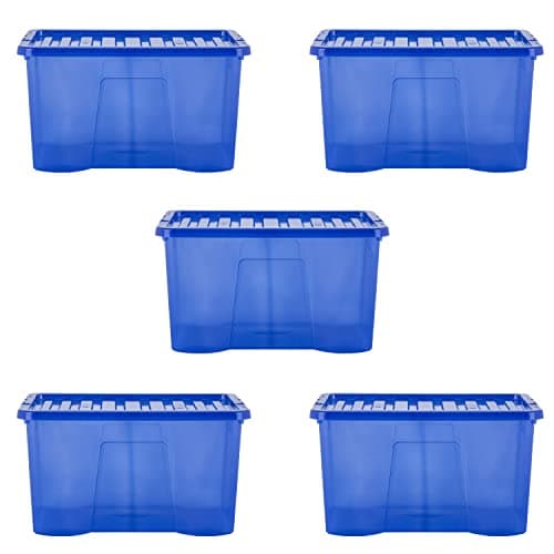 Image of Wham Crystal 5 x 60L Stackable Plastic Storage Boxes with Lids | Ideal for Home, Office, Toys & More | Large Boxes | Made in UK - Spectrum Blue
