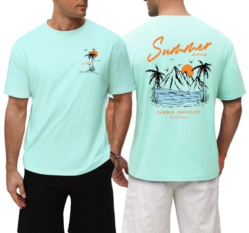 Image of Lonya Men's Summer T Shirts 100% Cotton Graphic Printed Casual Short Sleeve Tops Loose Fit Streetwear Beach Palm Tree Surf Crew Neck Baggy Style Holiday Daily, Mint Green, XL