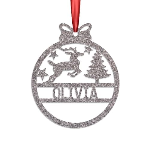 Image of KreateSquare Personalised Christmas Bauble, 950 GSM (1.7 mm) Double-Sided Glitter Xmas Tree Decoration, Custom Name Baubles, Red Christmas Decorations Ornaments (Silver, Reindeer)