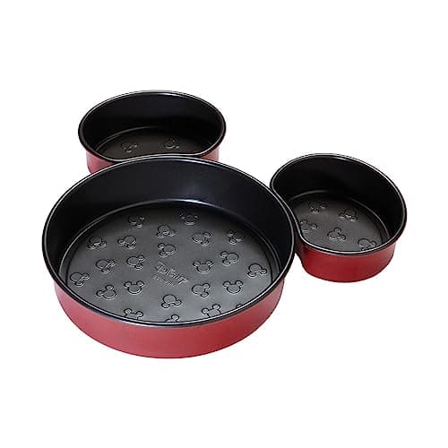 Image of Prestige New Disney Bake with Mickey Mouse 3 Piece Mickey Head Cake Tins for Baking - Non Stick Cake Tin, Carbon Steel Bakeware, Red & Black